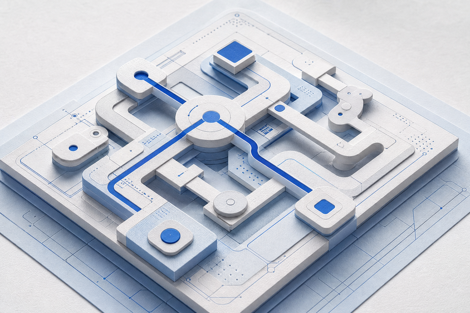 An illustrated blueprint of a carefully connected business system